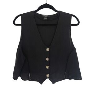 Helium London‎ Vest Womens 1X Black Button Front Cropped Eyelet Trim Boho Hippie